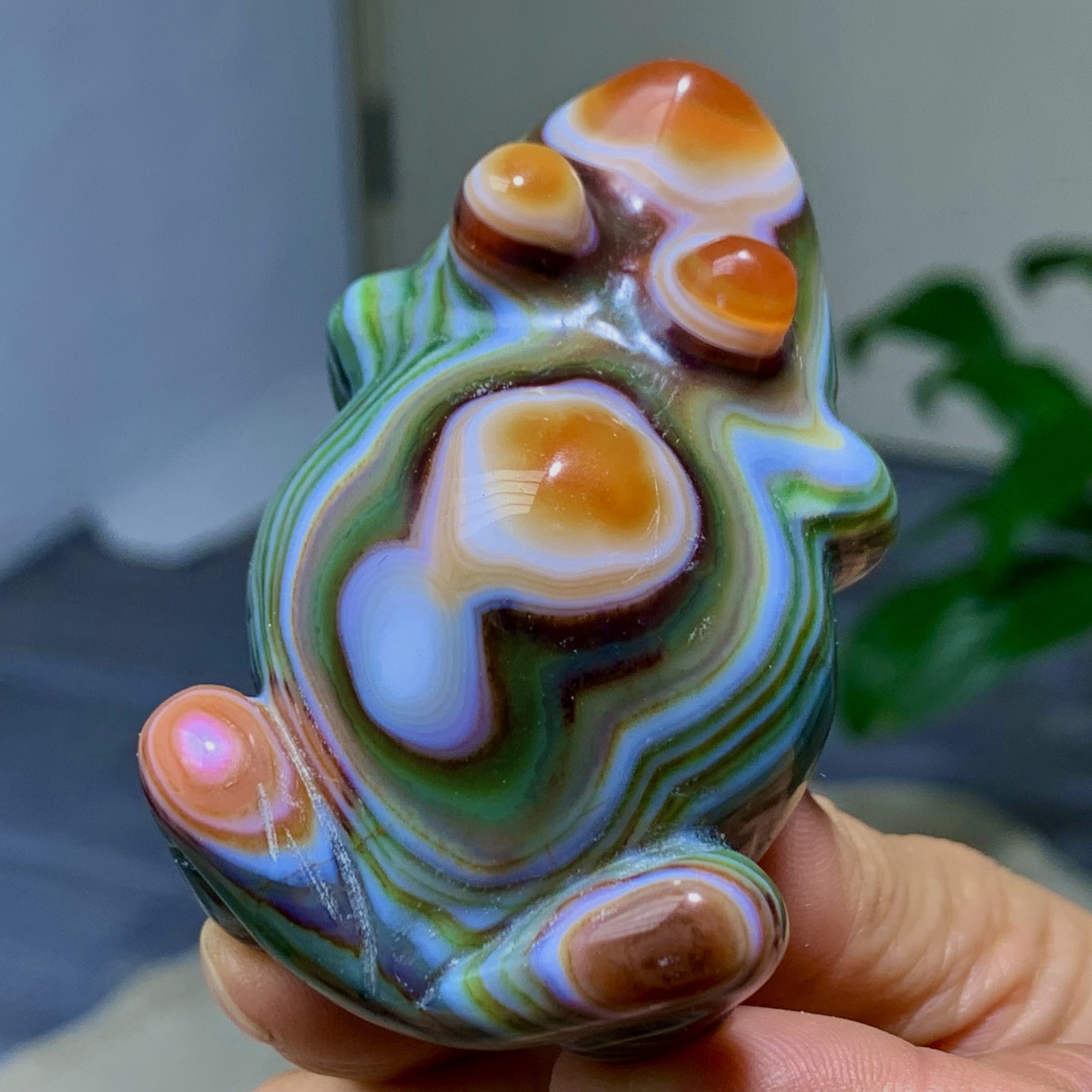 132G Rare Natural Gobi Agate Eye Agate Carving Frog/Crystal PalmStone Madagascar