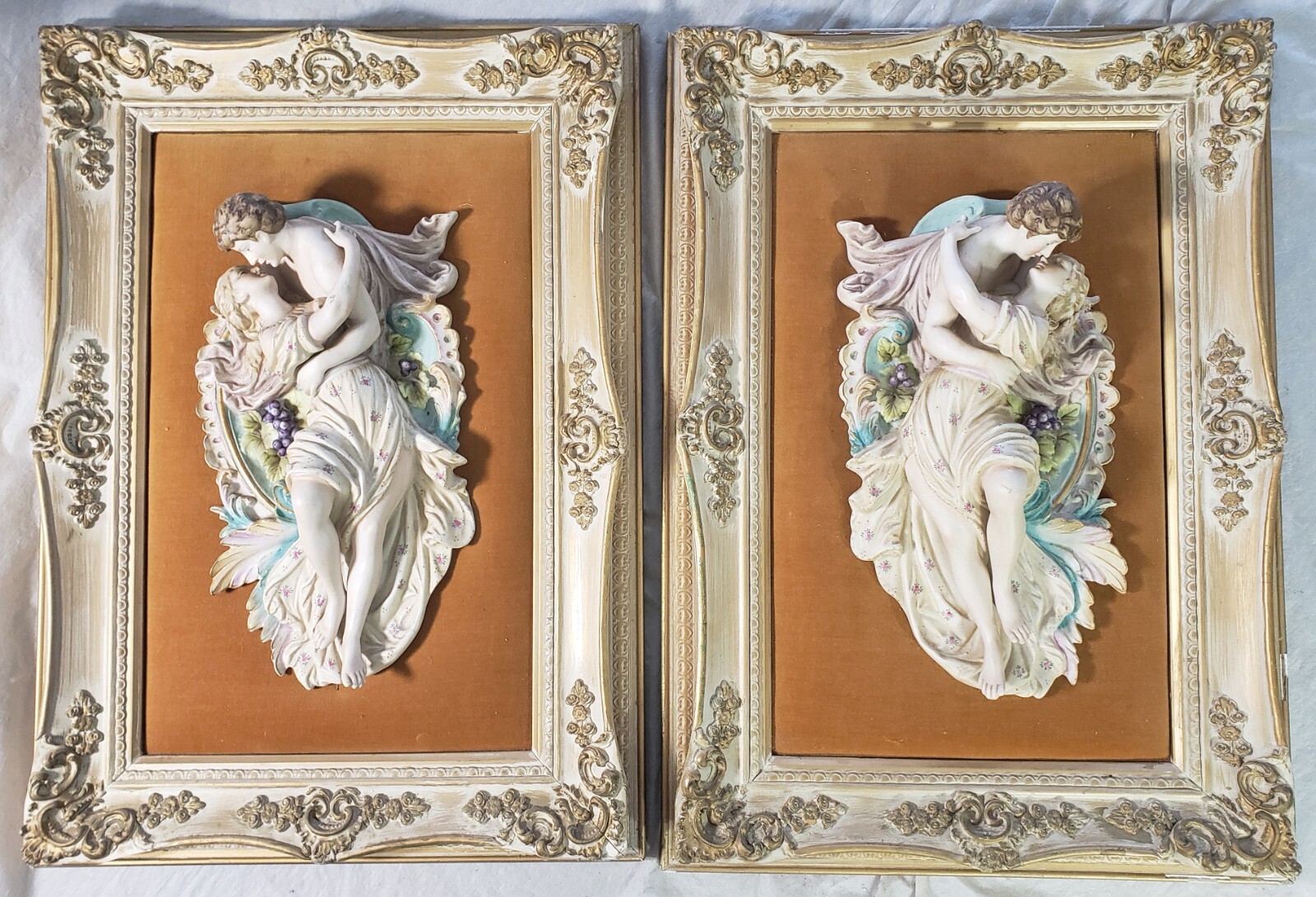 Pair 1950\'s Framed  Relief Capodimonte Romantic Bisque Porcelain Lovers Plaque