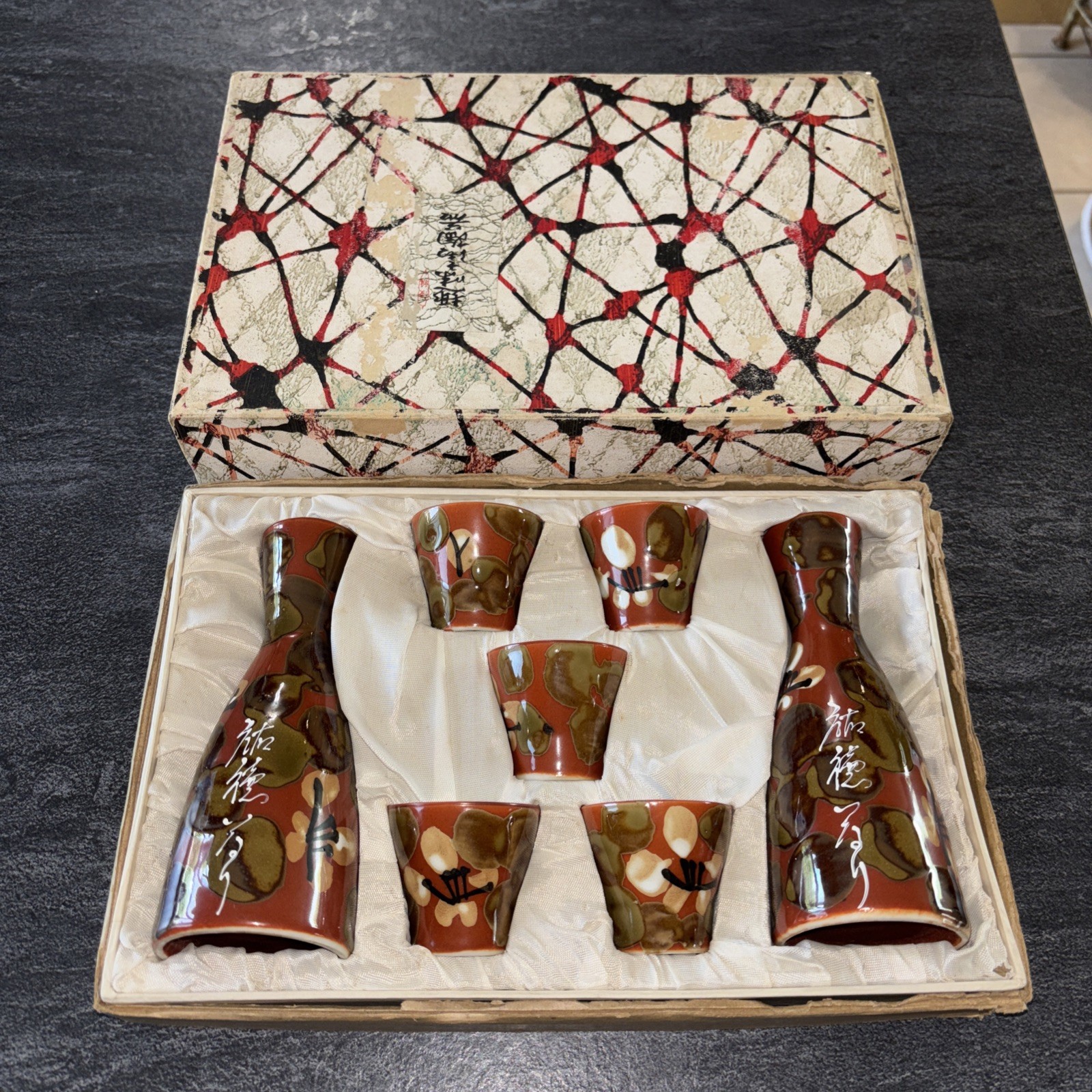 Beautiful Vintage 1960’s Set of 7 Japanese Ceramic Sake Bottles Colorful glazed