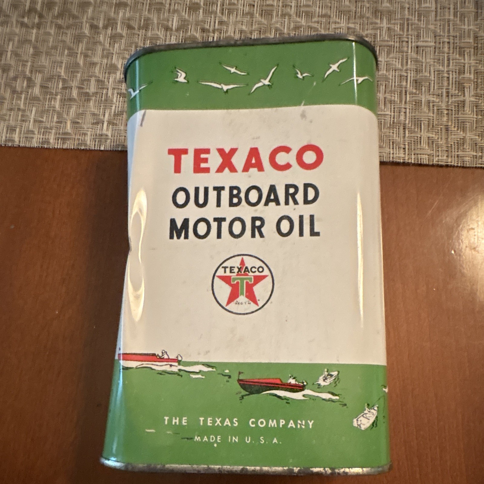 Full Factor Sealed~ early 1960s era TEXACO OUTBOARD MOTOR OIL Old 1 qt. Tin Can