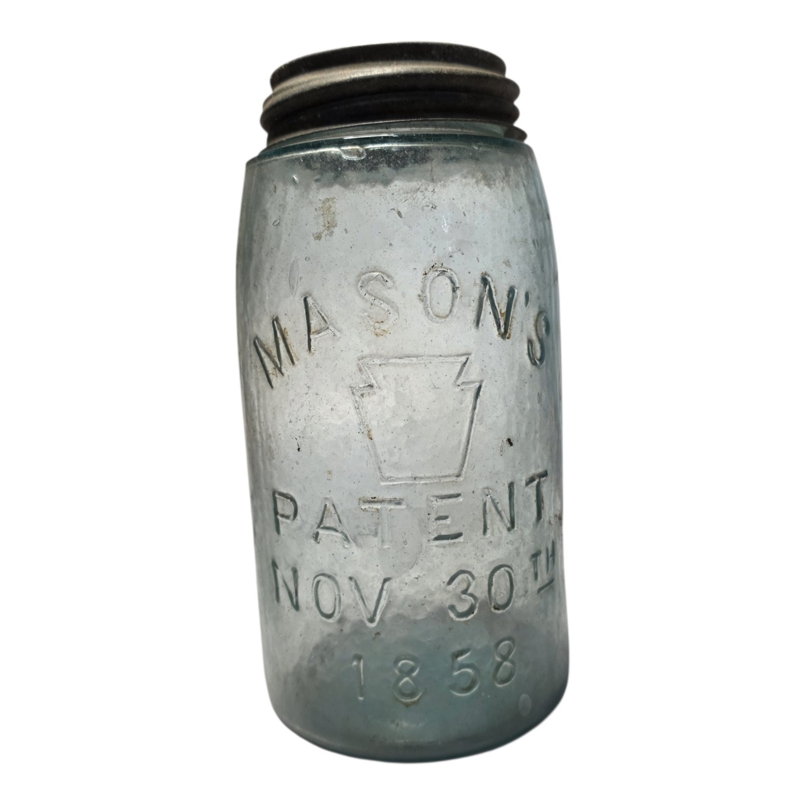 Antique 1858 Keystone Blue Glass Mason Jar