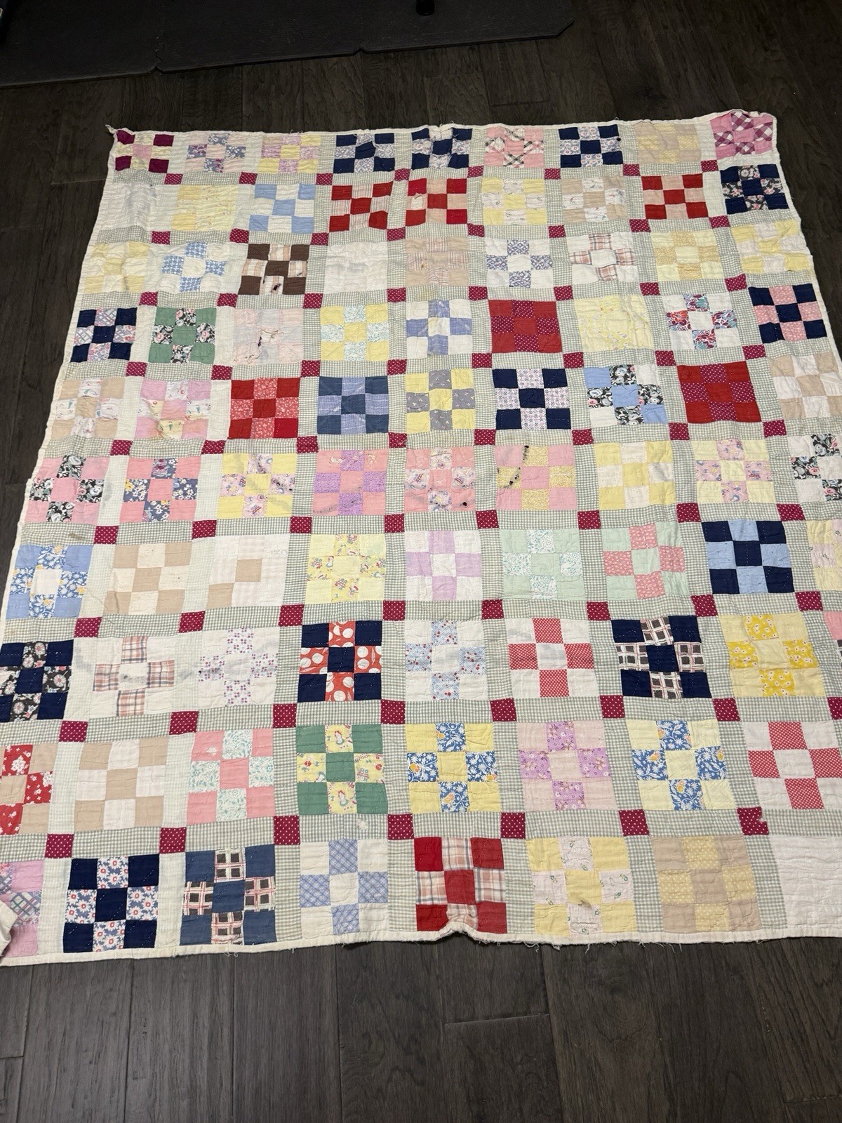 Vintage Feed Sack Beautiful Nine Block Patch Work Quilt 76” x 69” Cutter Vintage Feed Sack Beautiful Nine Block Patch Work Quilt 76” x 69” Cutter