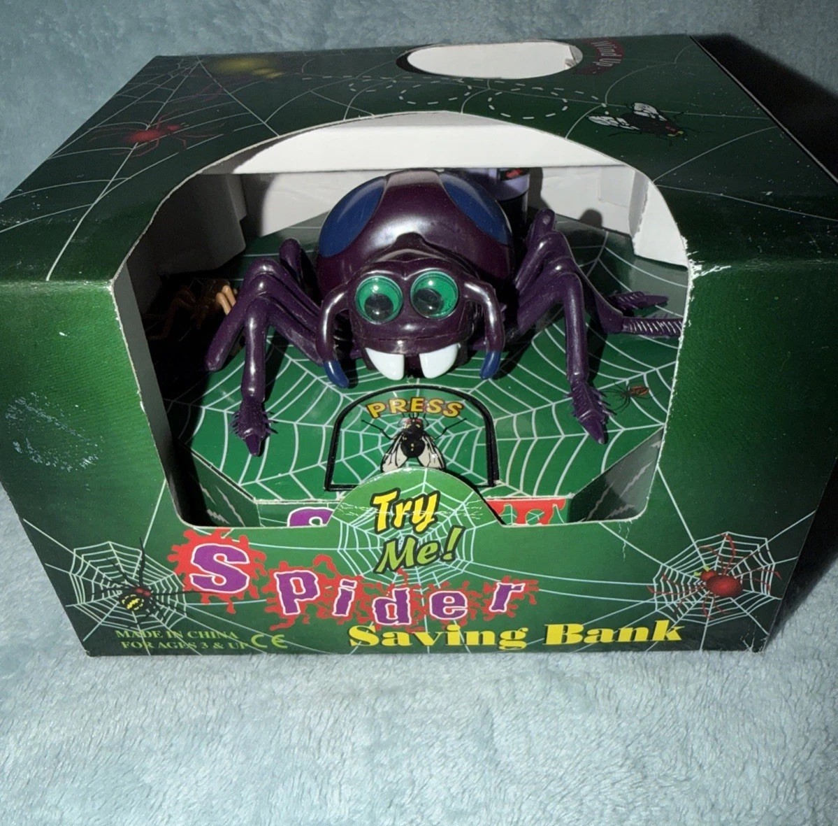 NOS Purple Wind Up Spider Bank ~ Works. New W/Box Halloween Creepy