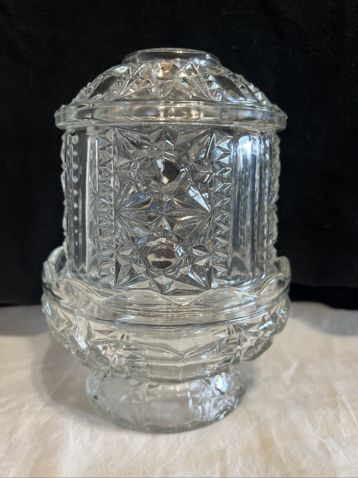 Vintage Clear Pressed Glass Fairy Lamp Starburst Stars and Bars Pattern MCM USA