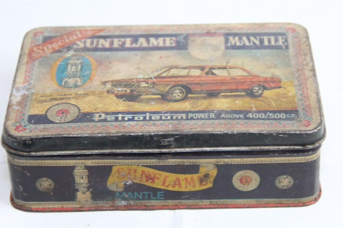 Vintage Sun Flame Gas Mantle Tin Box: Indian Advertising Decorative Collectible