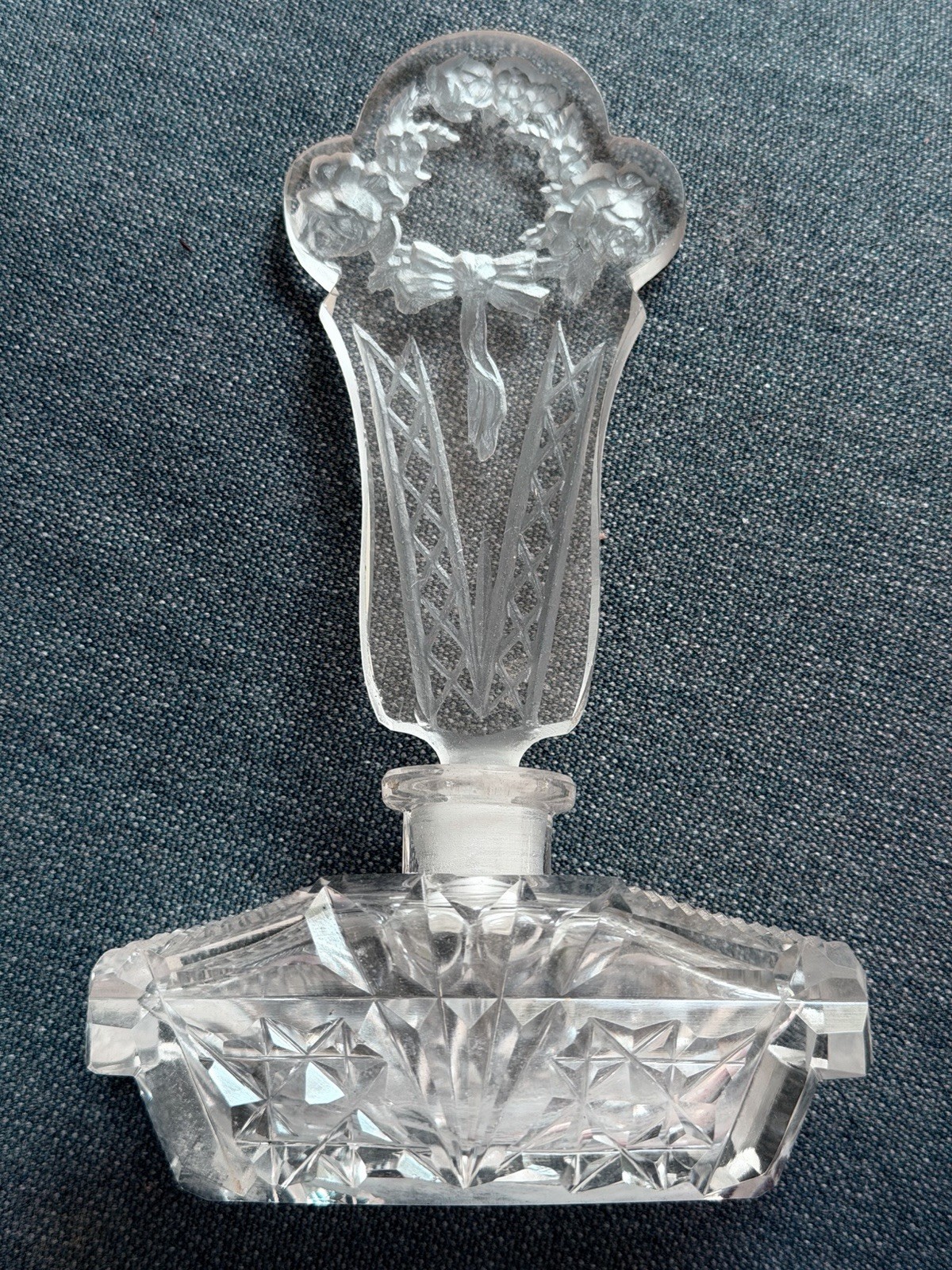 Antique Czech Bohemian Cut Crystal Perfume Bottle Rose Wreath Stopper Art Deco