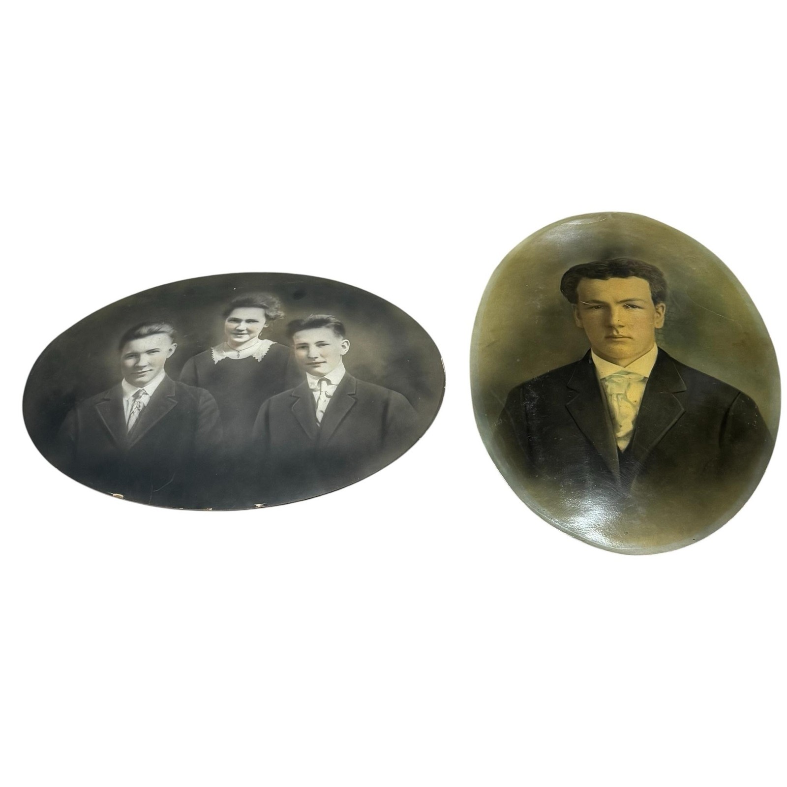 Antique Early 1900s Convex Family Men Portrait Photo Lot 2 Hand Tinted 14x19.5