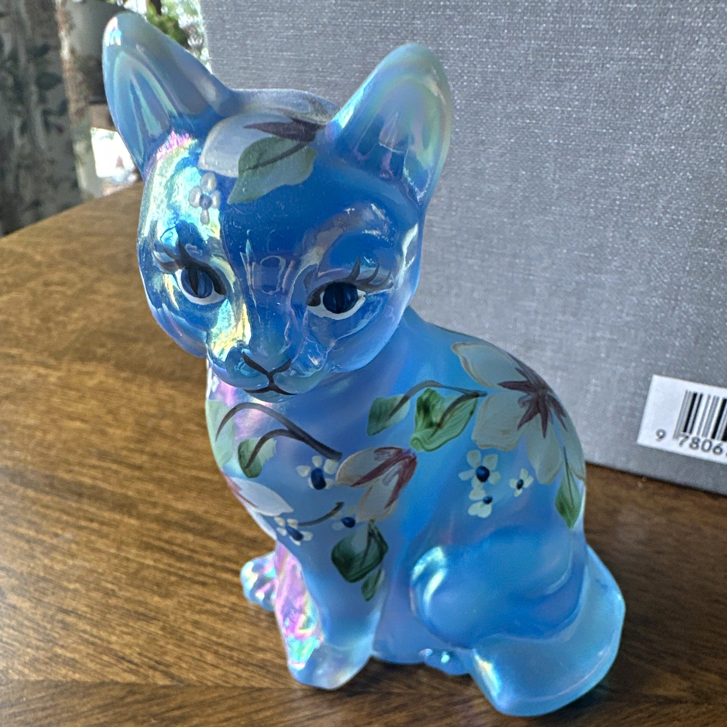 Fenton Hand Painted Blue Iridescent Glass Cat Figurine with Floral Design (90’s)