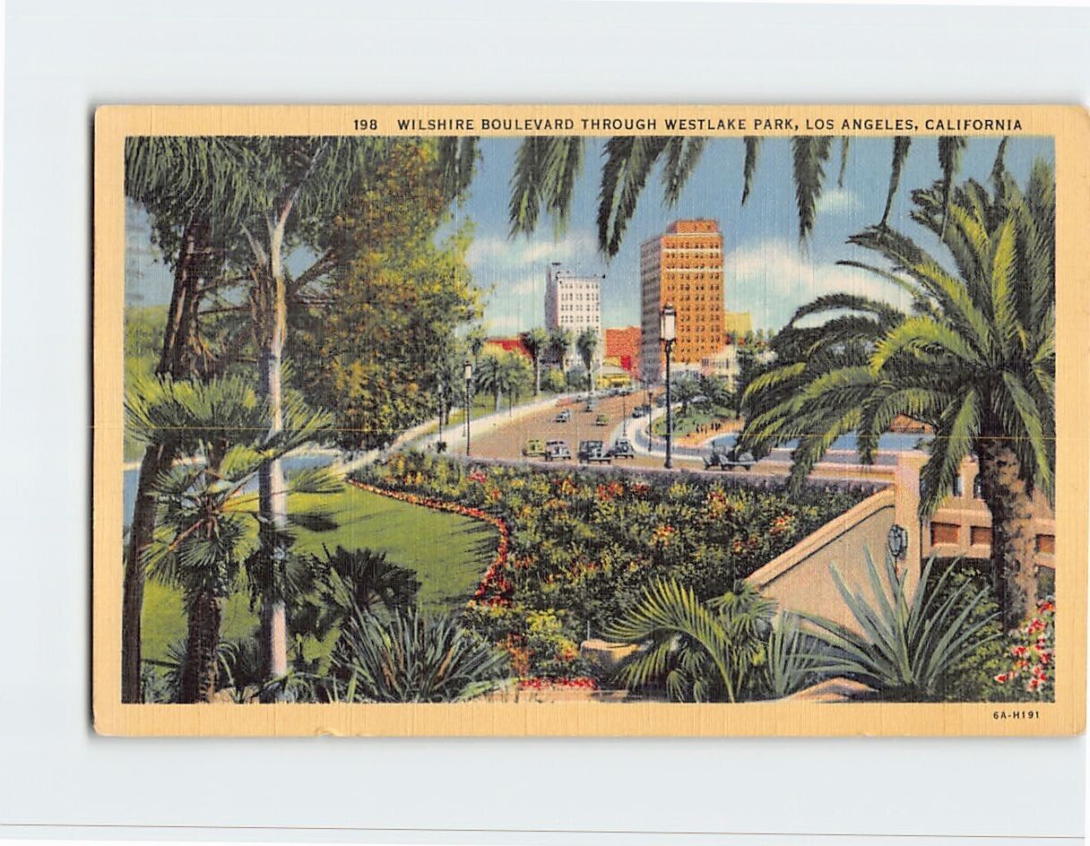 Postcard Wilshire Boulevard Through Westlake Park, Los Angeles, California