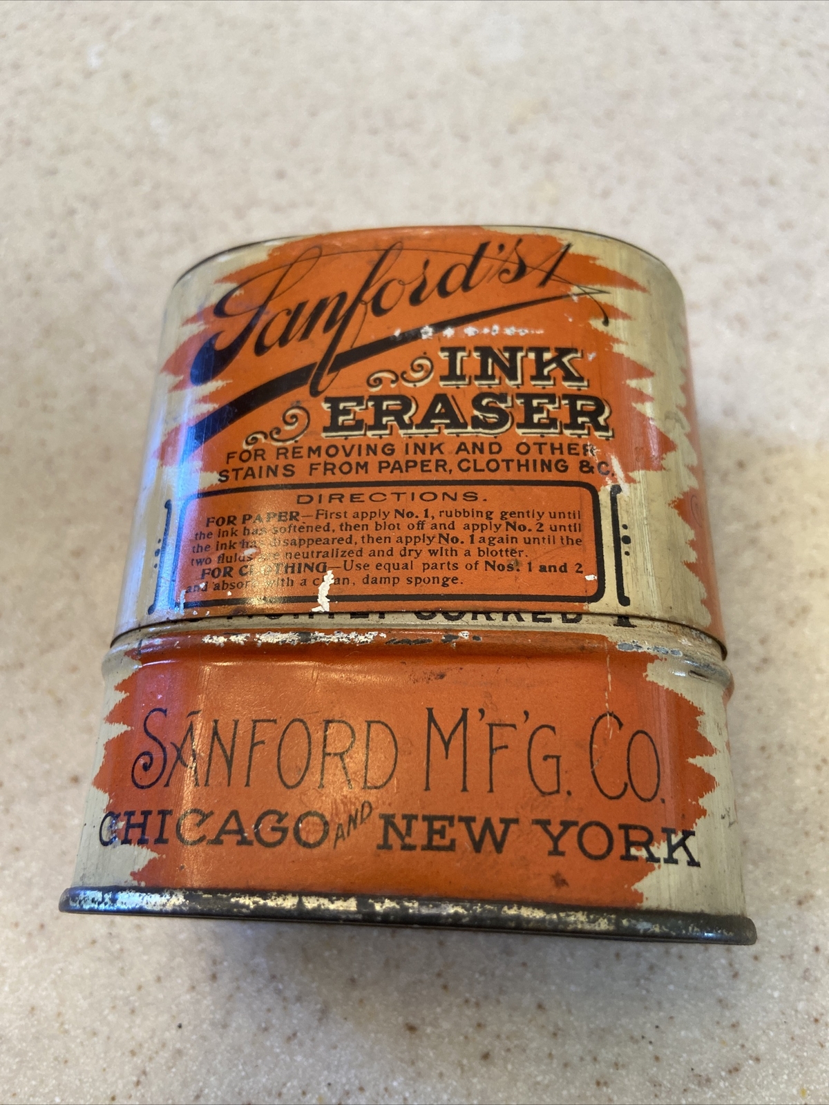 Vintage Sanford’s Ink Eraser Tin Can w 2 Original Corked Bottles Advertising #H