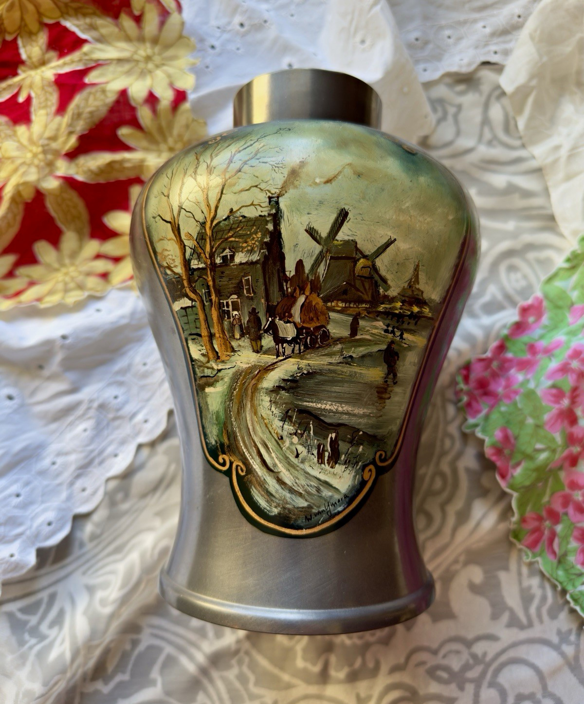 Vintage Hand-Painted Dutch Holland Pewter Vase with Windmill Scene