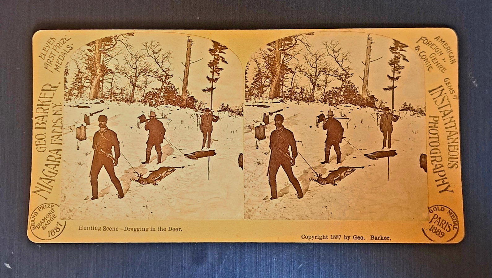 Antique 1887 George Barker Stereoview Hunting Scene Dragging in the Deer Photo