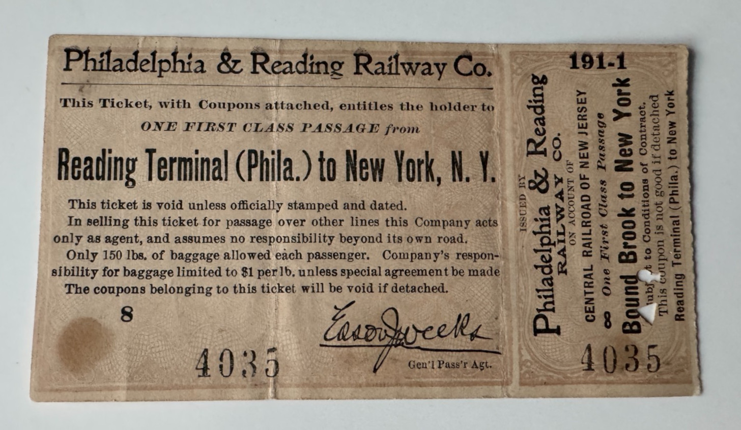 Vtg 1900 Philadelphia & Reading Railway 1st Class Ticket Reading Terminal - NYC
