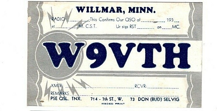 1930\'s Radio QSL response card.  W9VTH, Don Selvig, Willmar, Minnesota