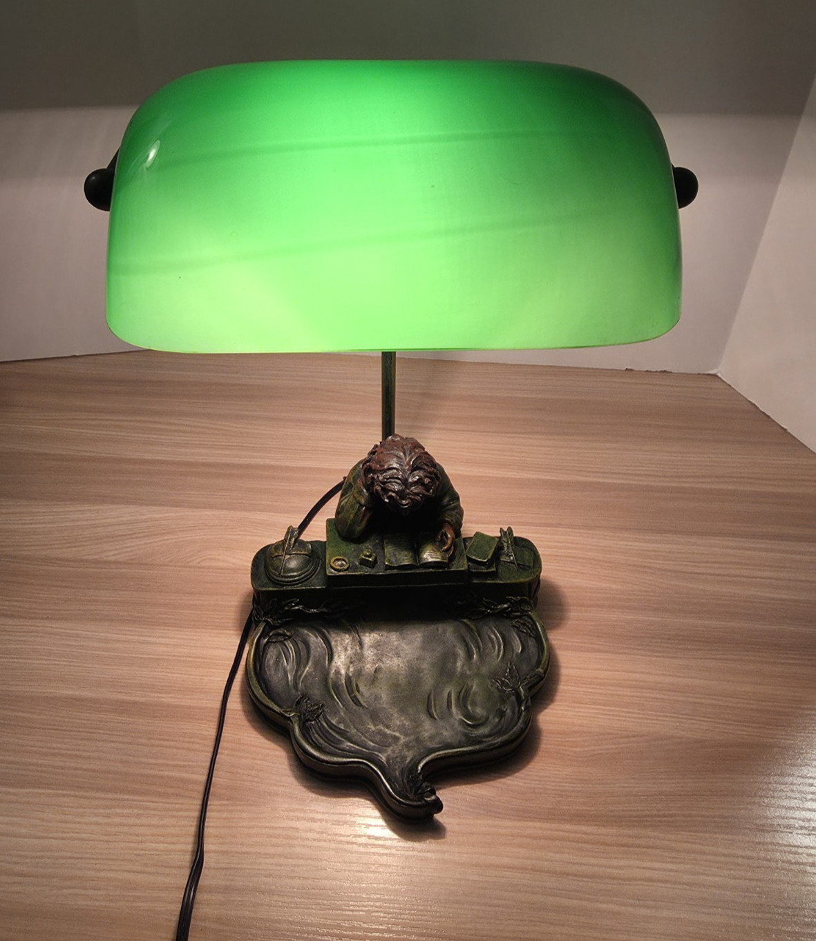 Widdop & Bingham Desk Bankers Lamp  Boy Figure Reading Green Glass Shade