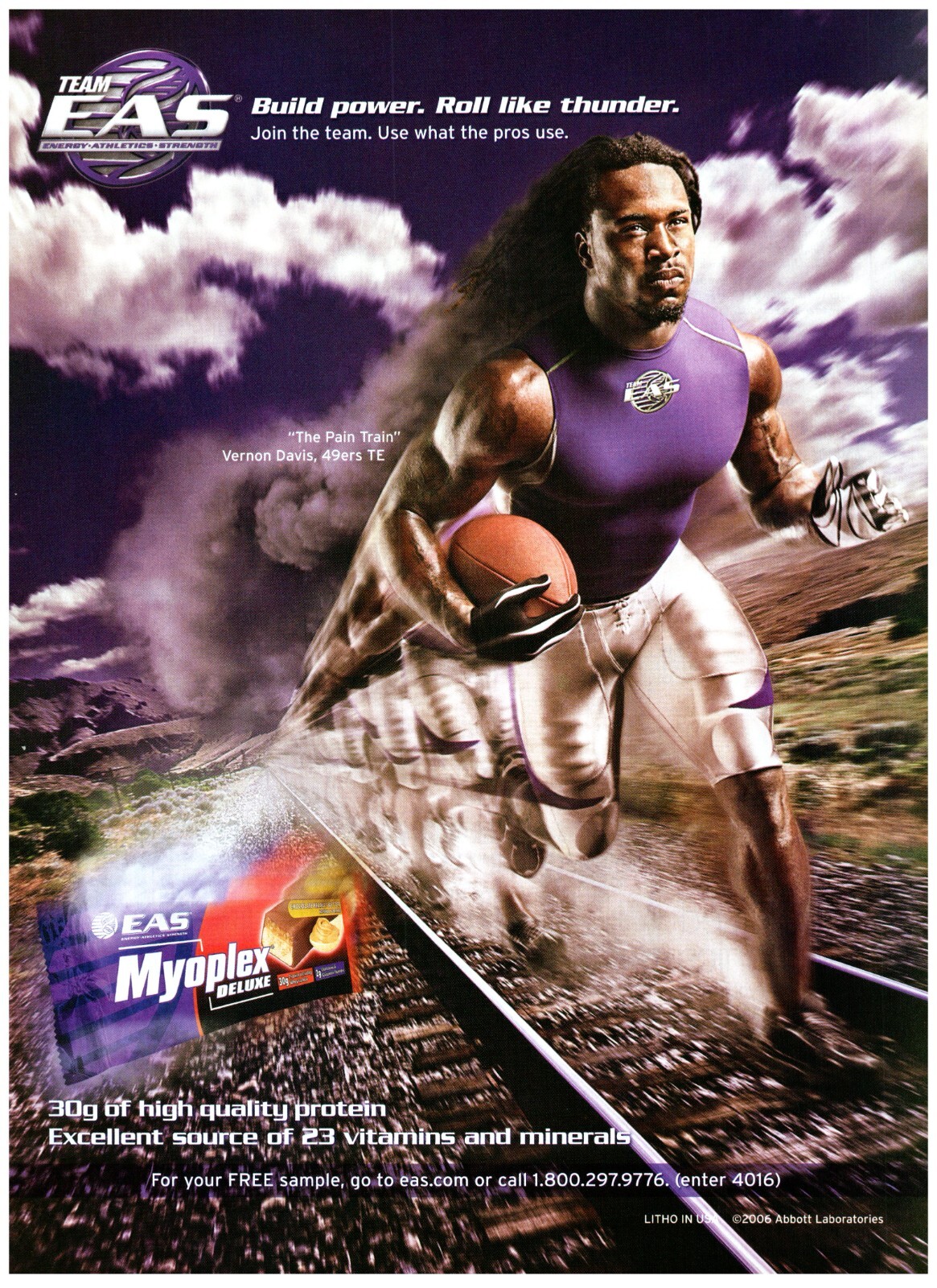 2007 Team EAS Print Ad, Vernon Davis 49ers Tight End The Pain Train Myoplex Bar