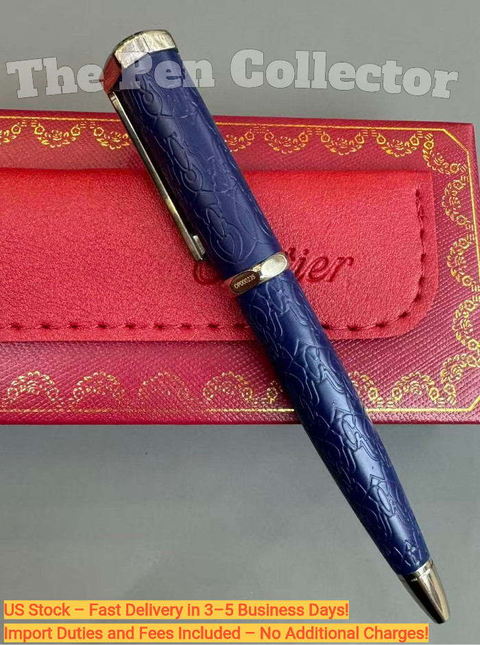 CARTIER Santos Navy Blue Embossed Pattern Ballpoint Pen Silver Tone Luxury Rare