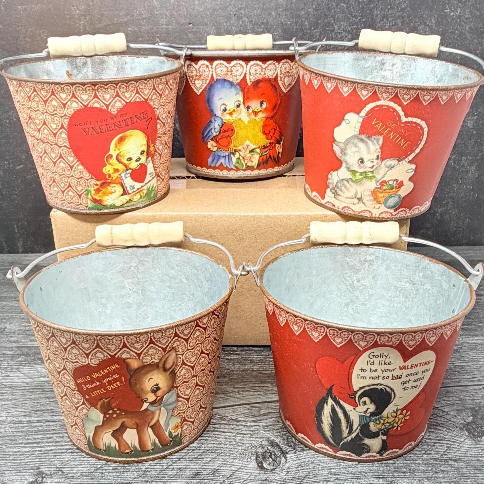 Vintage Style Valentine Cards Animals Metal Decorative Buckets Set of 5