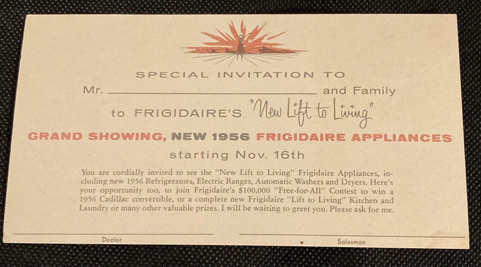 Frigidaire 1955 New Lift For Living Invitation Card