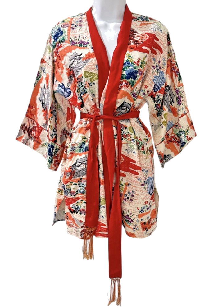 vintage 50s 1950s Japanese summer short kimono 100% rayon fujiette hand printed