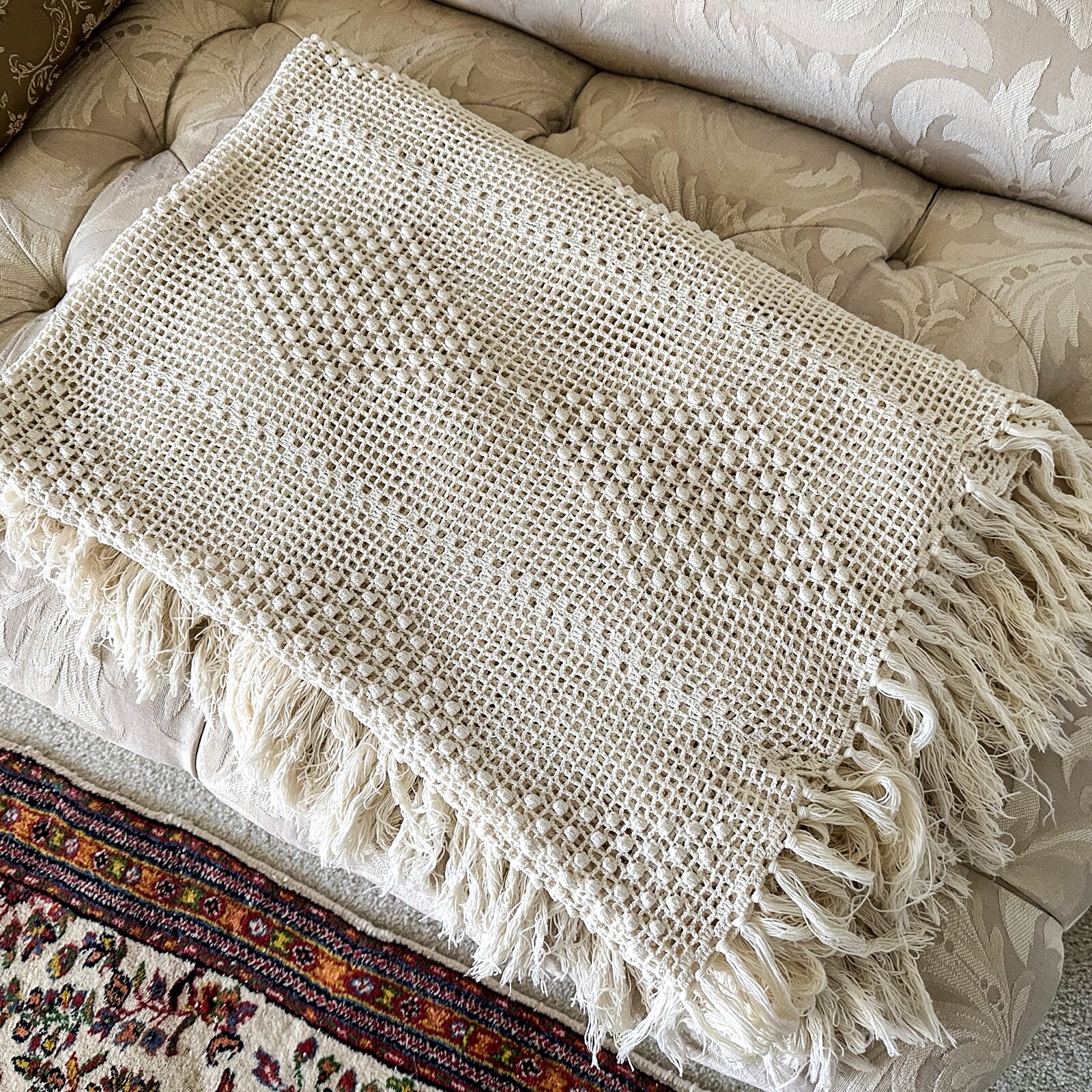 Hand Crochet TWIN Bedspread, White Diamond Pattern, c. 1940s, 77 Hand Crochet TWIN Bedspread, White Diamond Pattern, c. 1940s, 77