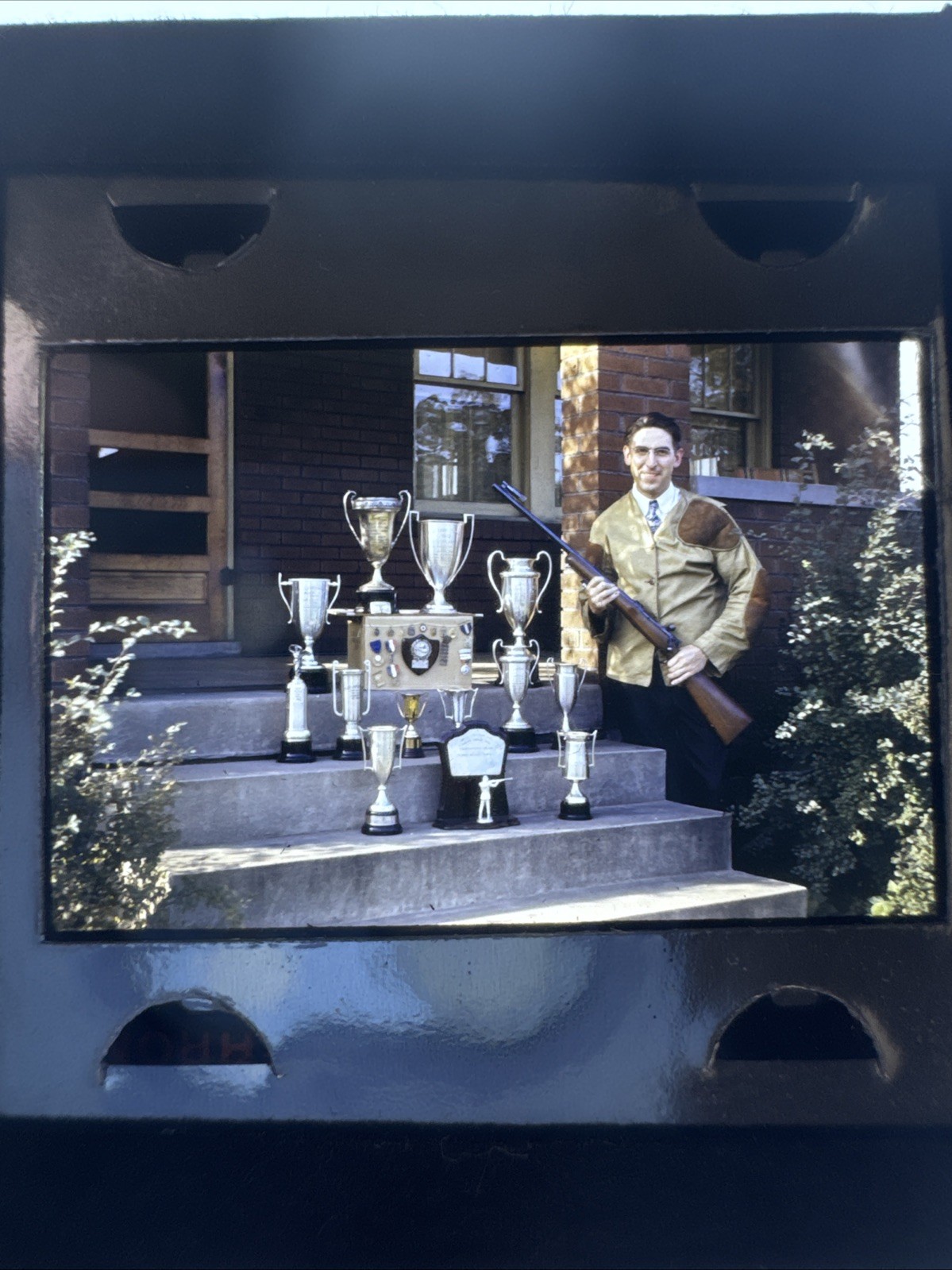 1950s Vintage 35mm Slide Man Shotgun Trophies Porch Shooting Jacket Brick House