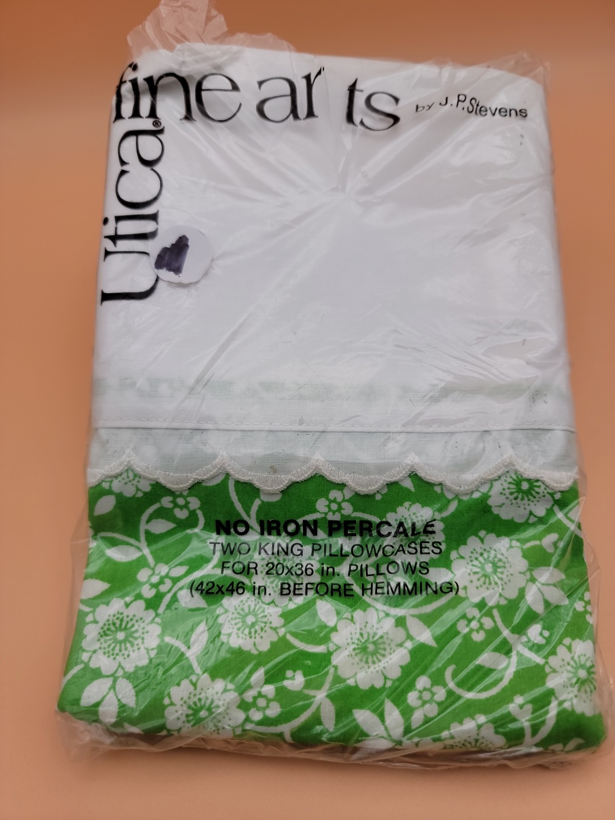 VTG Utica JP Stevens King PillowCases Percale No Iron Cotton Green 20x36