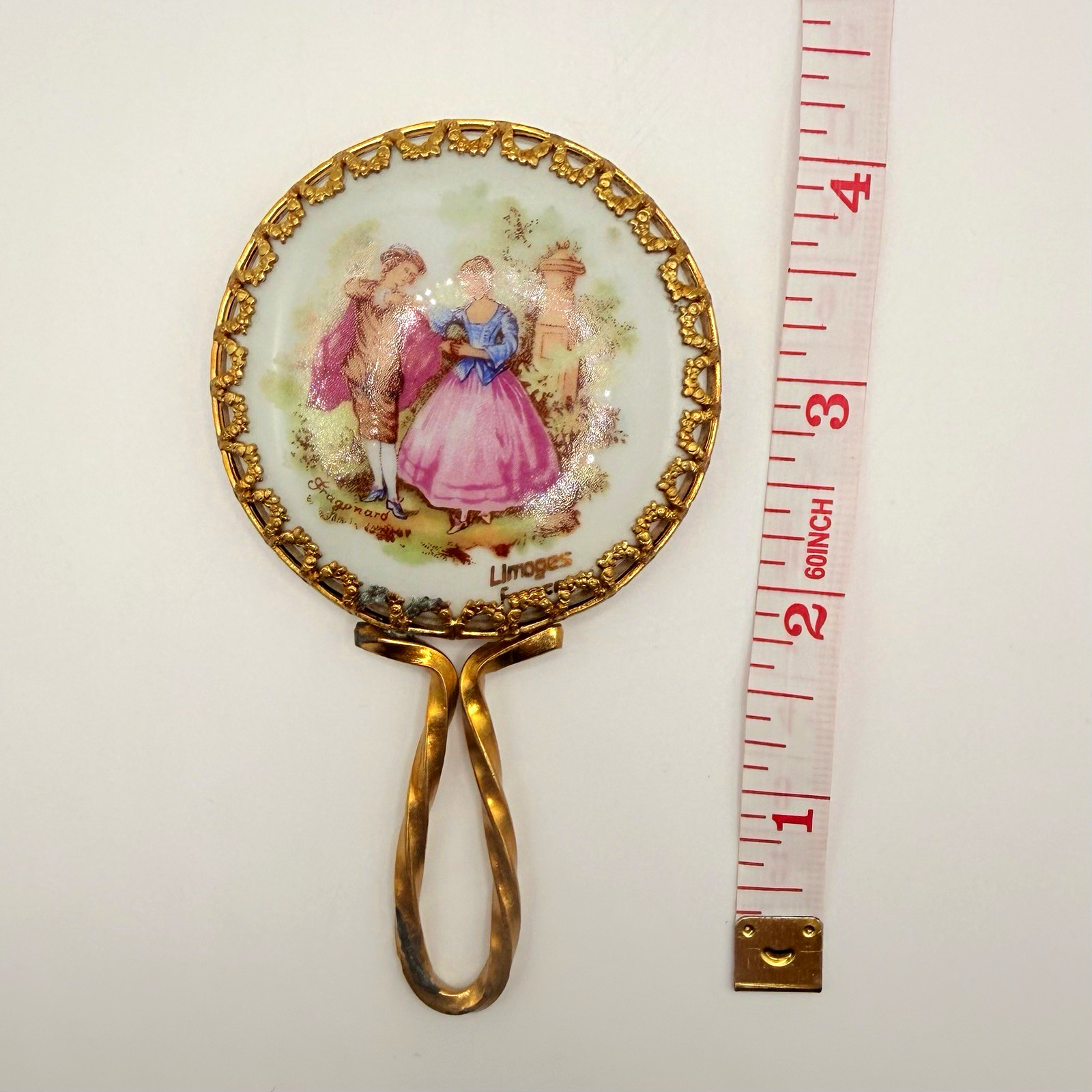 Vintage Limoges France Fragonard Miniature Porcelain Purse Hand Mirror Gold Tone