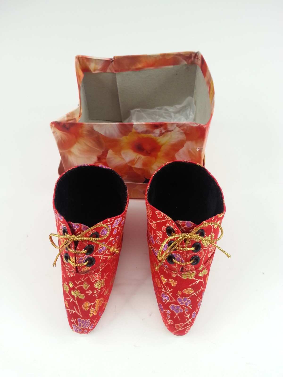 Vtg Souvenir Bound Feet Shoes Leather Soles Wah Aik Malaysia Chinese Red Floral