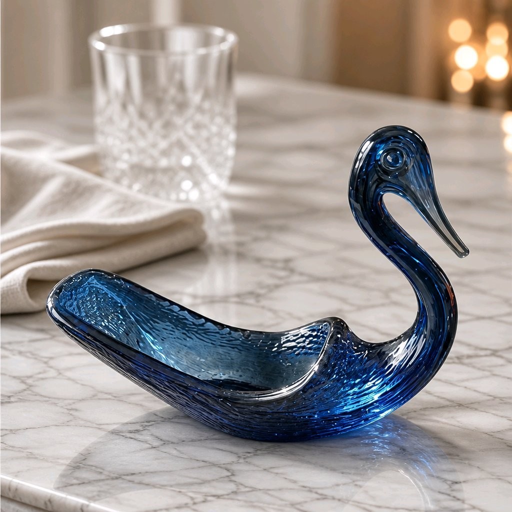 Blue Glass Swan Figure Dish Rippled Glass 10