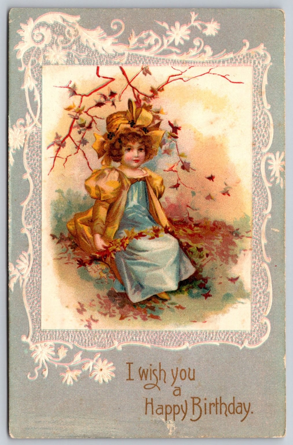 Vintage Embossed Birthday Postcard Girl Child Autumn Leaves Brownstown PA E68