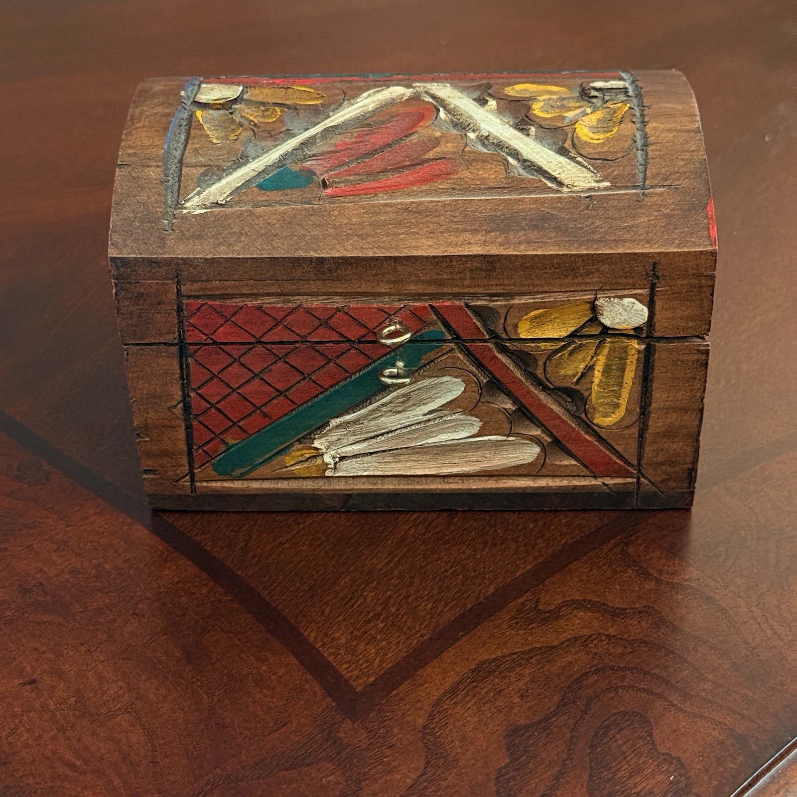 Vintage Indian Rajasthani Hand Carved Painted Wood Jewelry Trinket Box