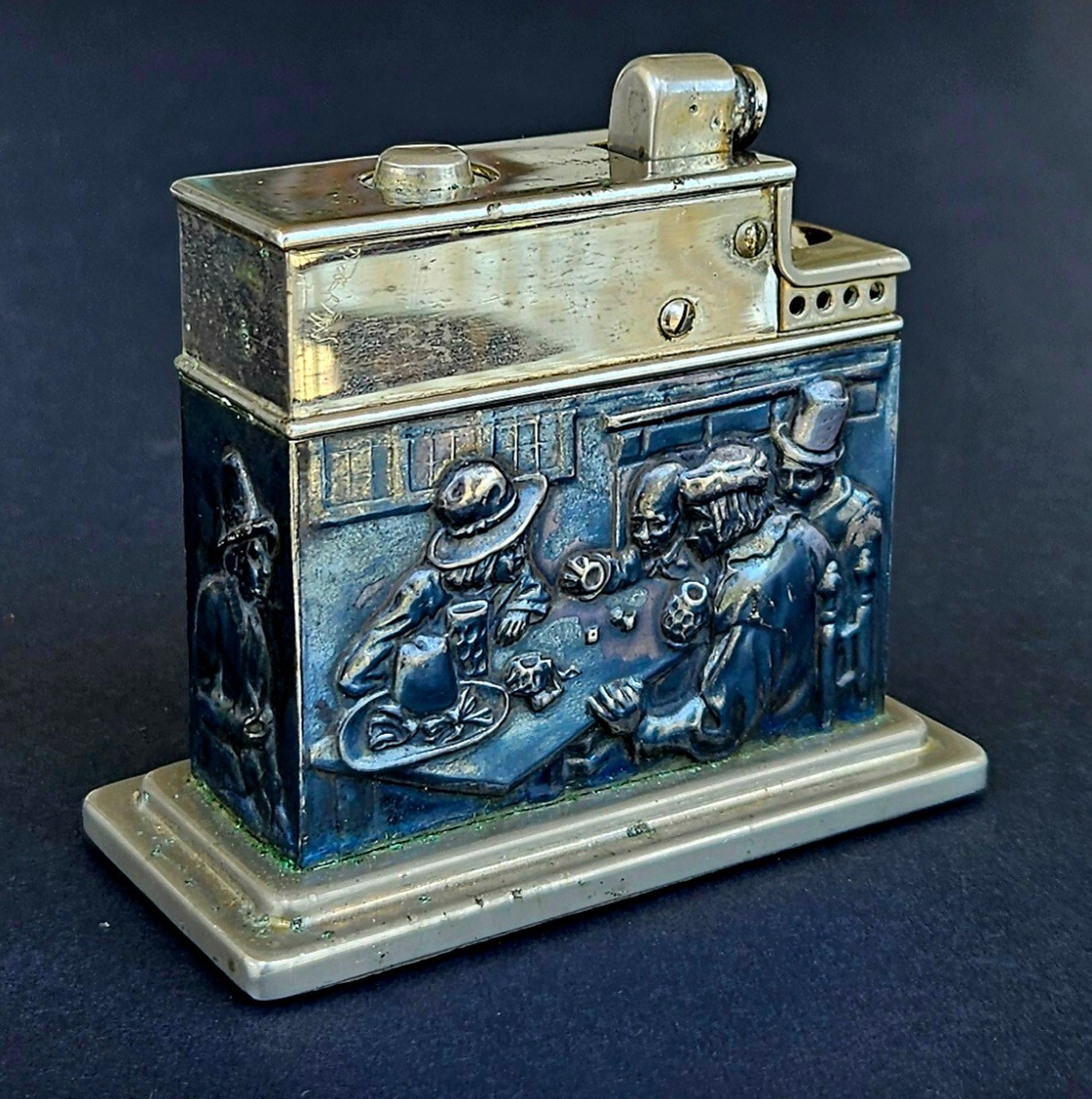 Vintage Mylflam 835 Sterling Silver Figural Table Lighter Tavern Scene Relief