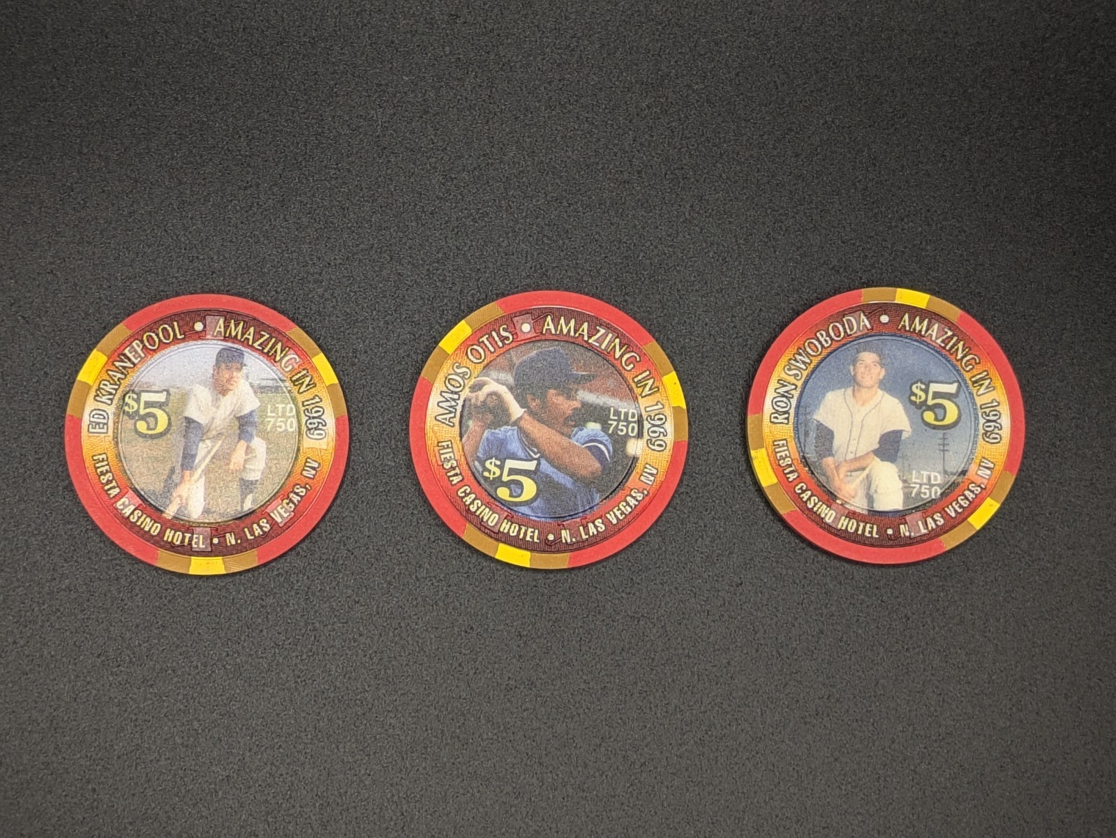 Fiesta Casino (NLV), set of (3) $5 Casino Chips, Amazin' Mets, near mint Fiesta Casino (NLV), set of (3) $5 Casino Chips, Amazin' Mets, near mint