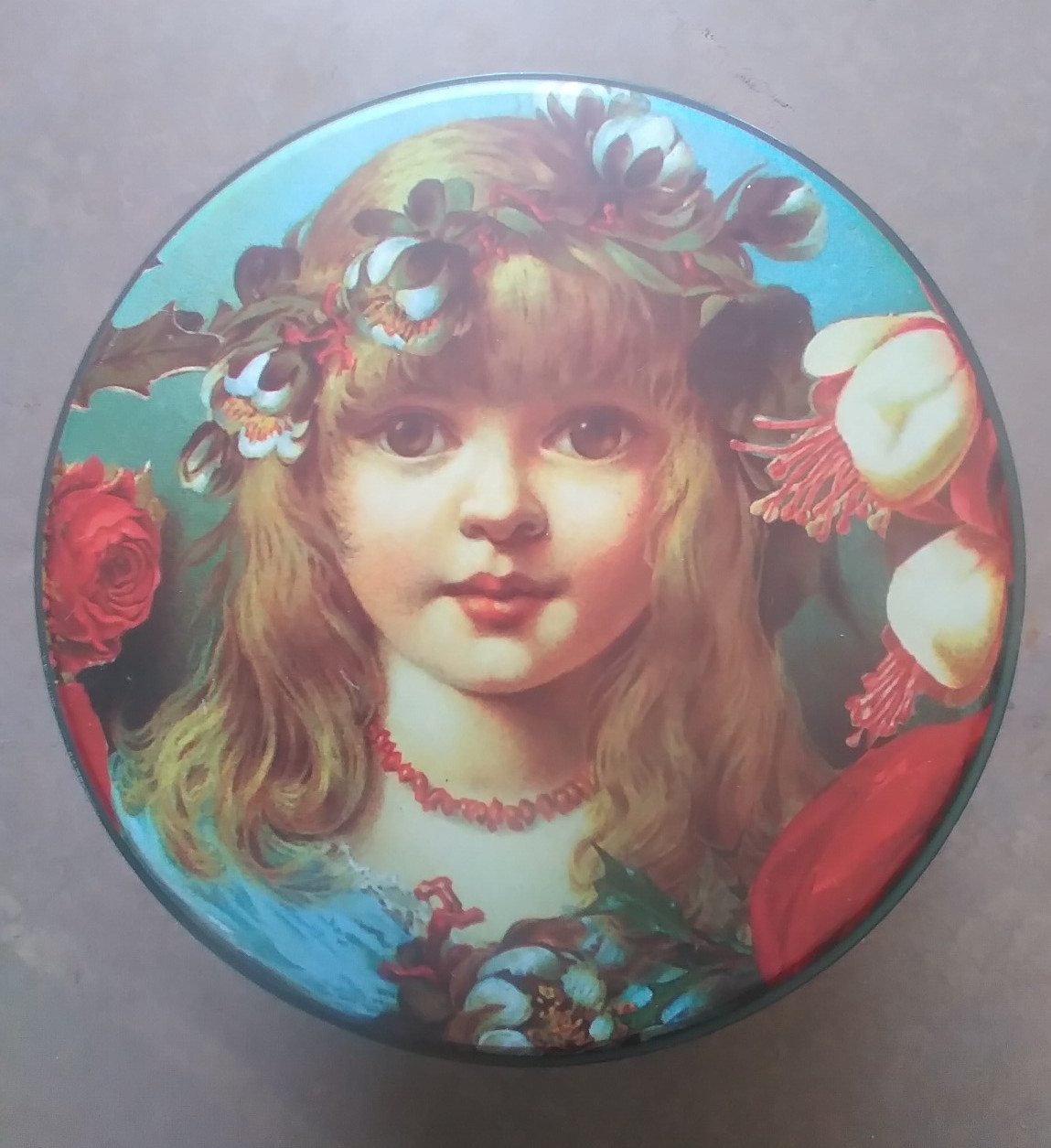 Round Tin 6 Inch Portrait Young Lady Girl Biscuit Cookie Metal Vintage