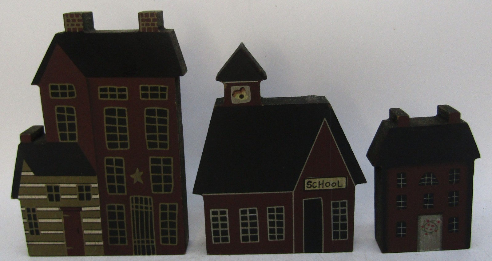 Donna White 3-Piece Folk Art Wooden Cut-Out House/School Set. (C)