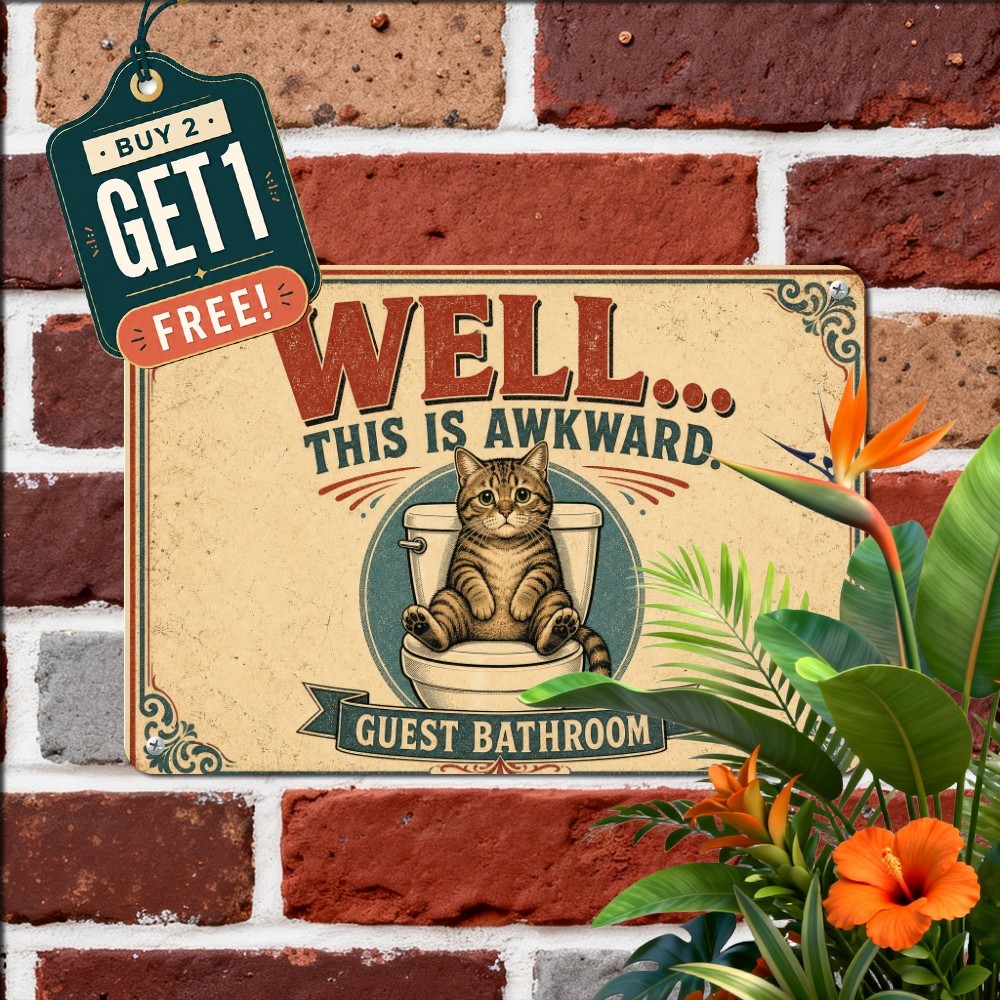 Well Crap Cat On Toilet Tin Sign Funny Restroom Bathroom Toilet Metal Plaque