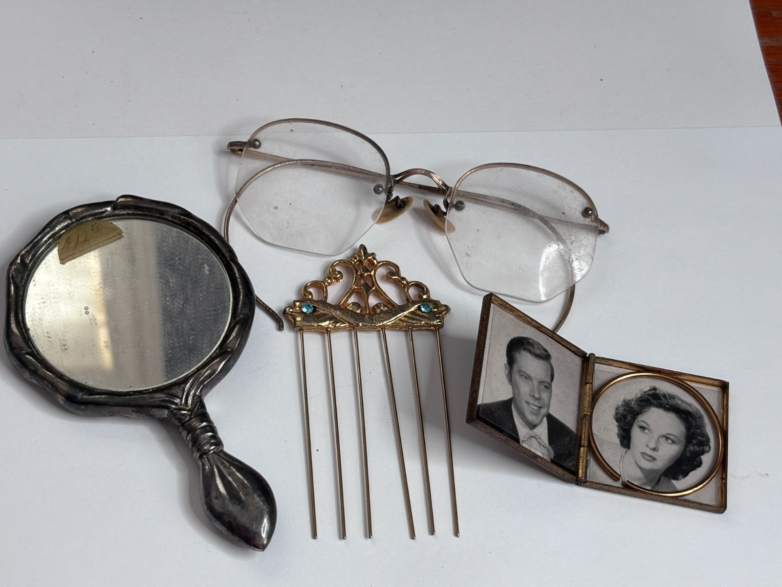 Vintage Grandma\'s Vanity Drawer 12K GF Spectacles, Hand Mirror, Hair Pin, Frame Vintage Grandma\'s Vanity Drawer 12K GF Spectacles, Hand Mirror, Hair Pin, Frame
