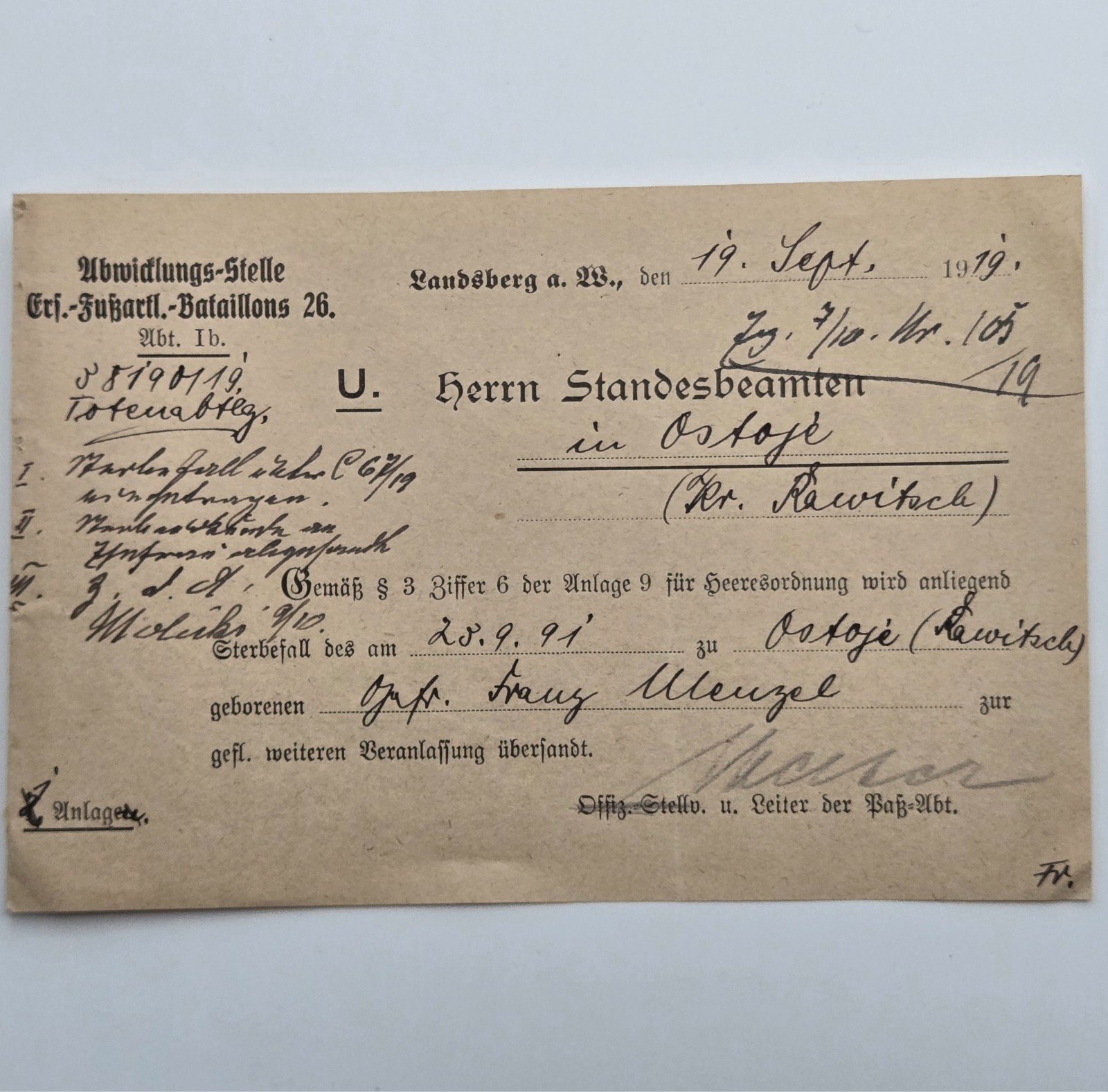 Original WWI German Foot Artillery 26 Soldier Death Case Franz Wenzel 1919 Doc
