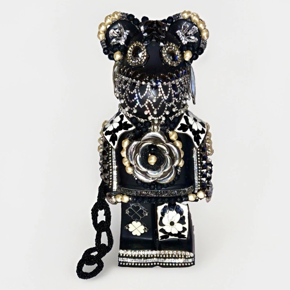 Jewelled bedazzled Black Ceramic Bear   Rhinestones  one of a kind pieces of art