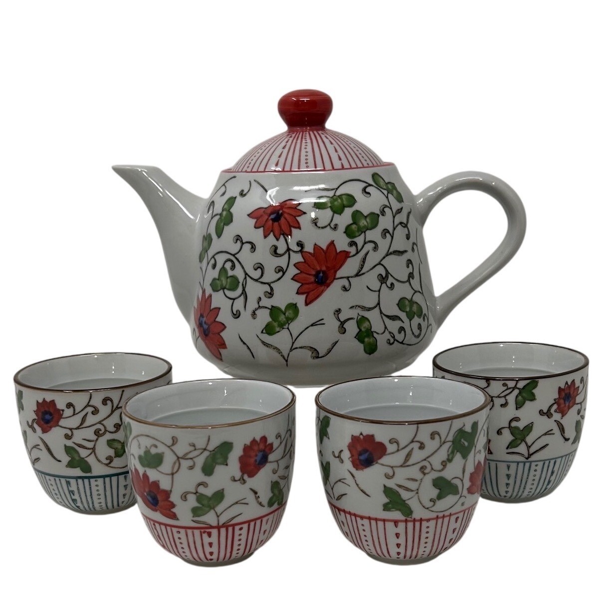 Pier 1 Imports Hua Teapot Set 5 Piece Ceramic Red Floral Vine Tea Service