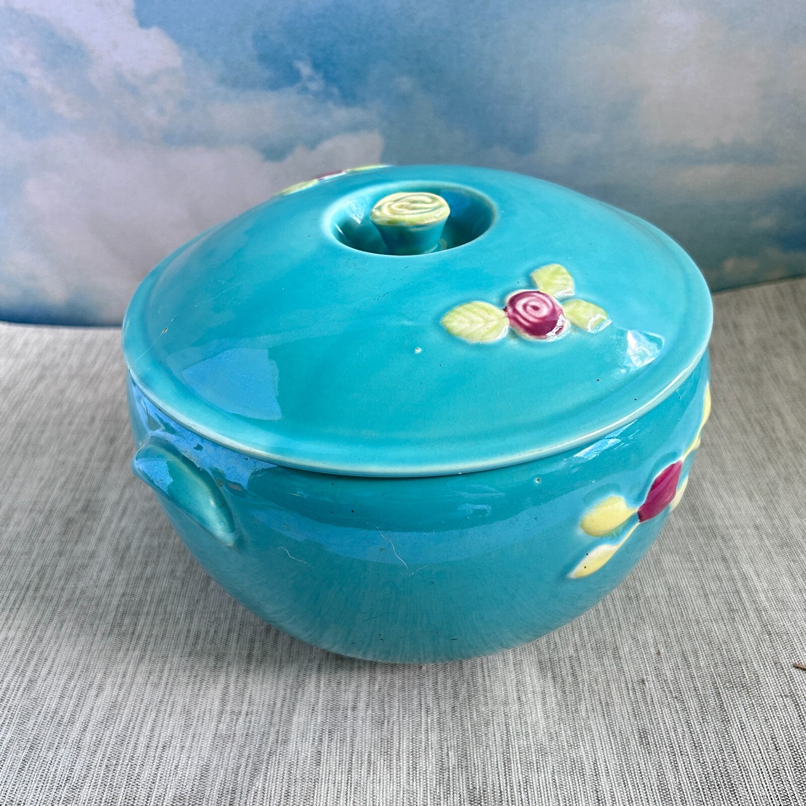Vintage Coors Pottery Rosebud Teal Blue Green Vegetable Casserole Serving Dish