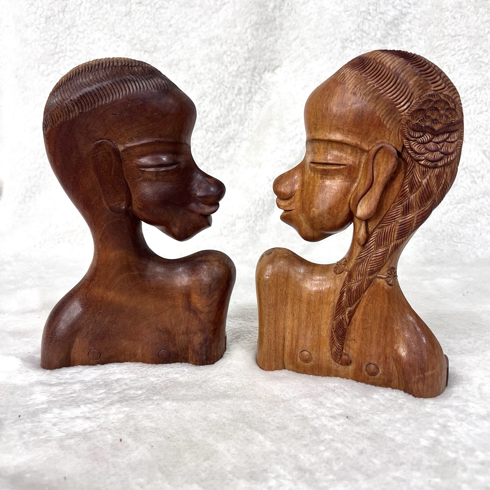 Vintage MCM Hand Carved Wood African Couple Busts Afrohemian Decor 8.5”
