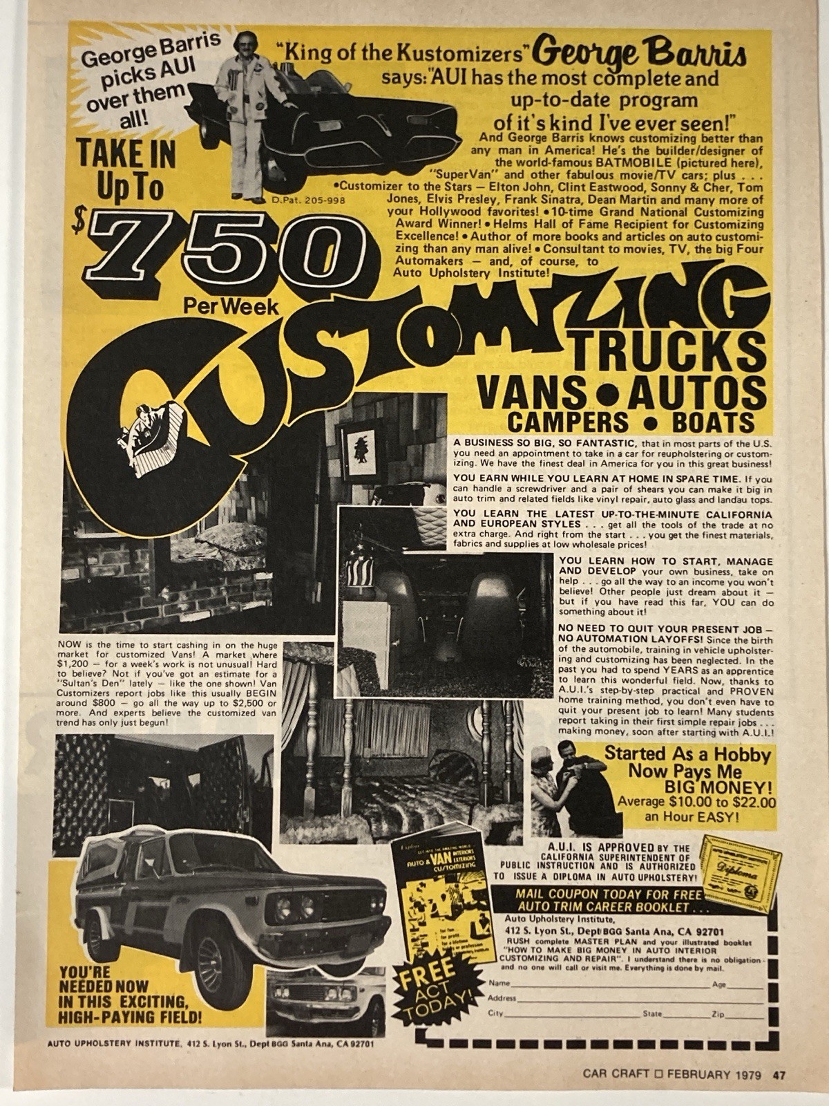 1979 Automotive Upholstery Institute AUI Print Ad George Barris Customizing King 1979 Automotive Upholstery Institute AUI Print Ad George Barris Customizing King