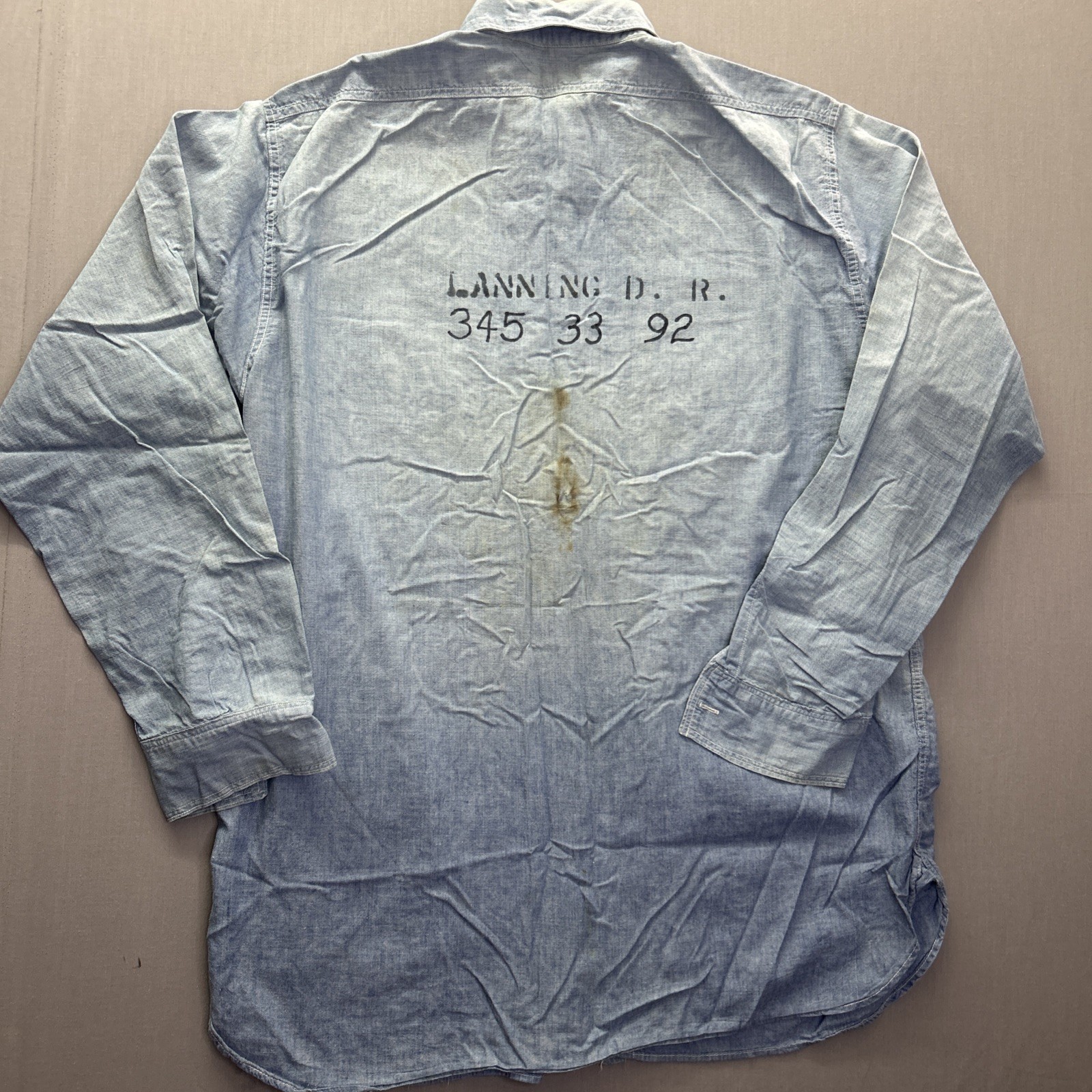 WWII Korean War US Navy N-3 Chambray Work Shirt Named Stenciled Lanning