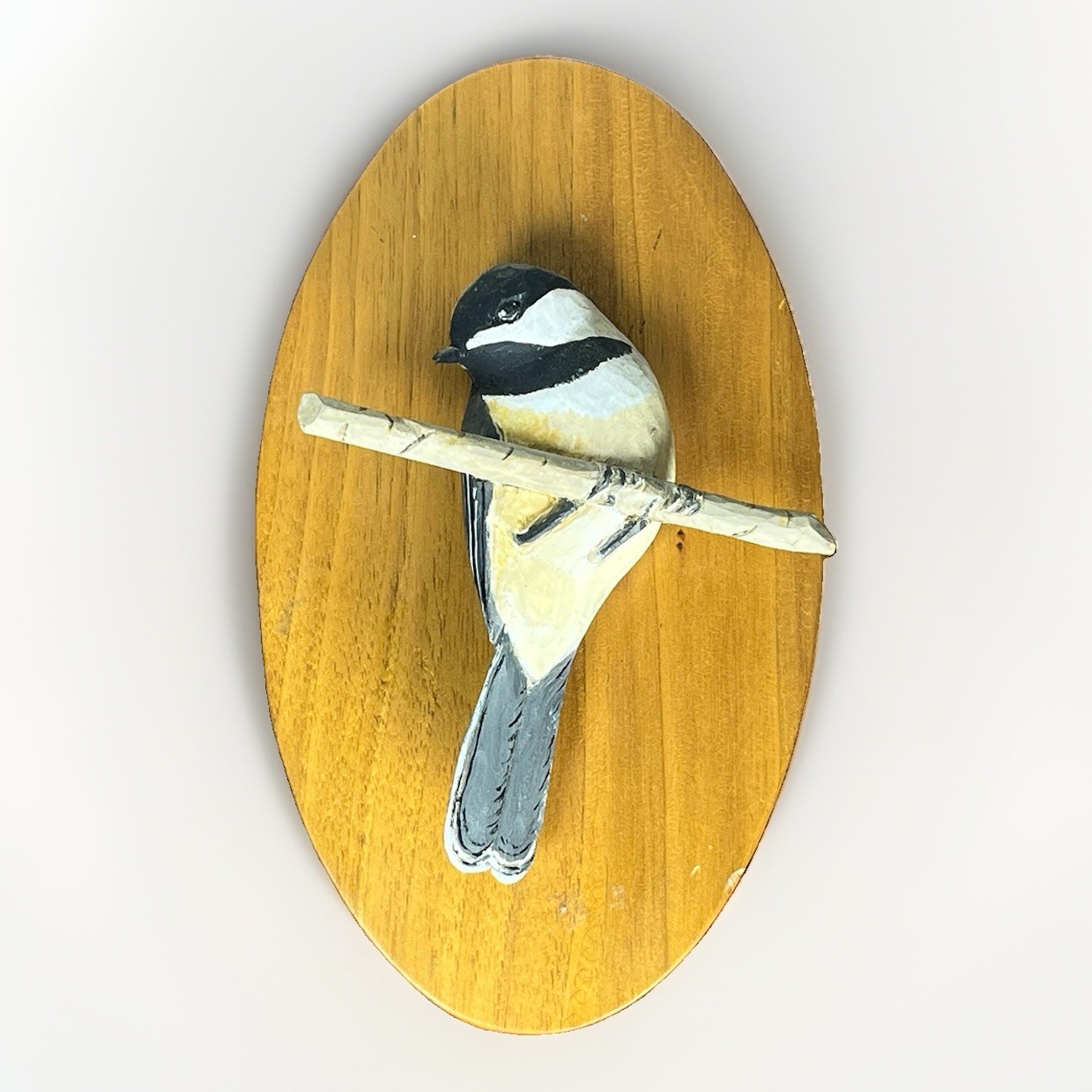 Vintage Harriet Hillman Carved Wood Chickadee Bird Plaque Wall Hanging 1971 NH 