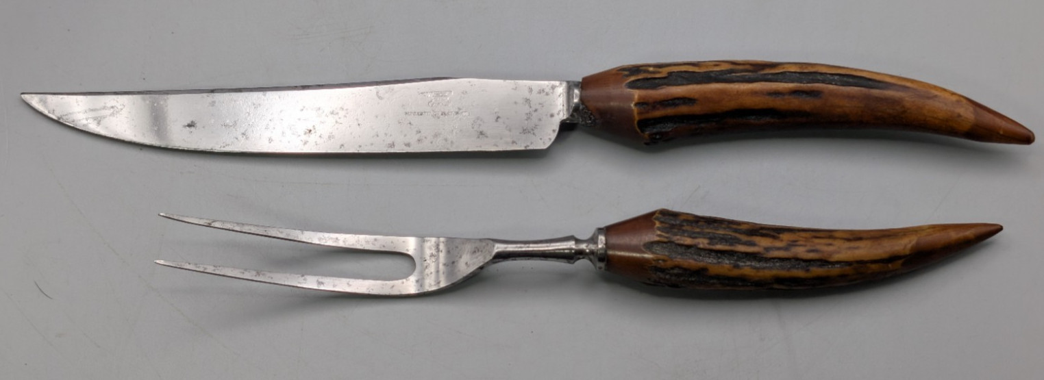 Antique Meriden Cutlery Co Stag Horn Carving Knife Fork Set Anvil Logo Mark 2 Pc
