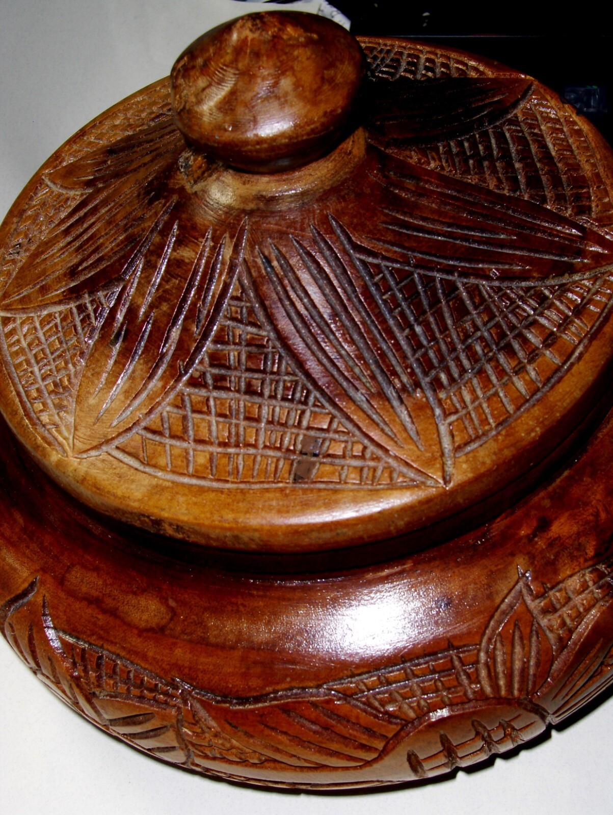 Vintage Great Handmade Carved Wood Jewelry Box Floral Fish Style RARE FIND