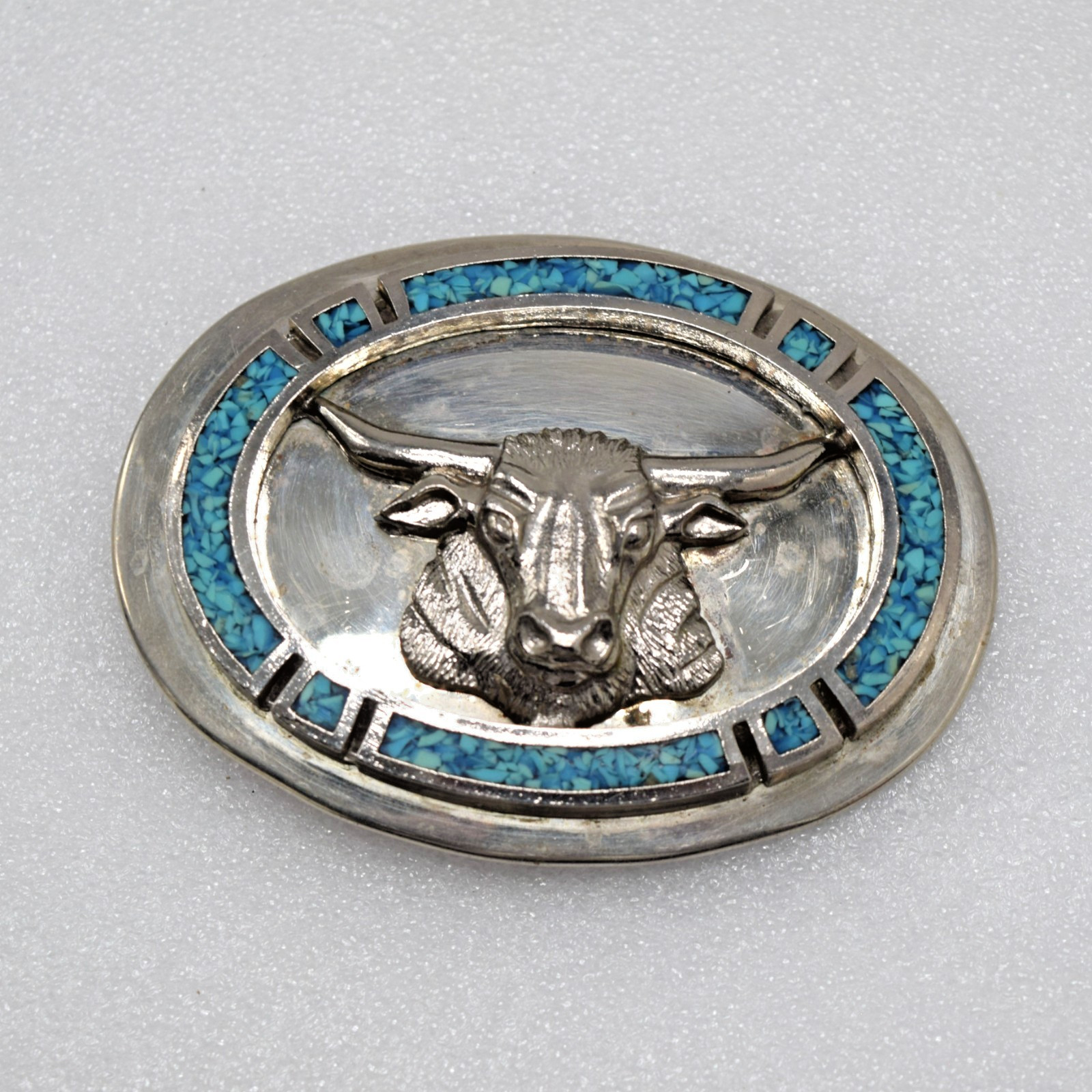 Unused Vintage SW German Silver & Crushed Turquoise Longhorn Belt Buckle-1.75”
