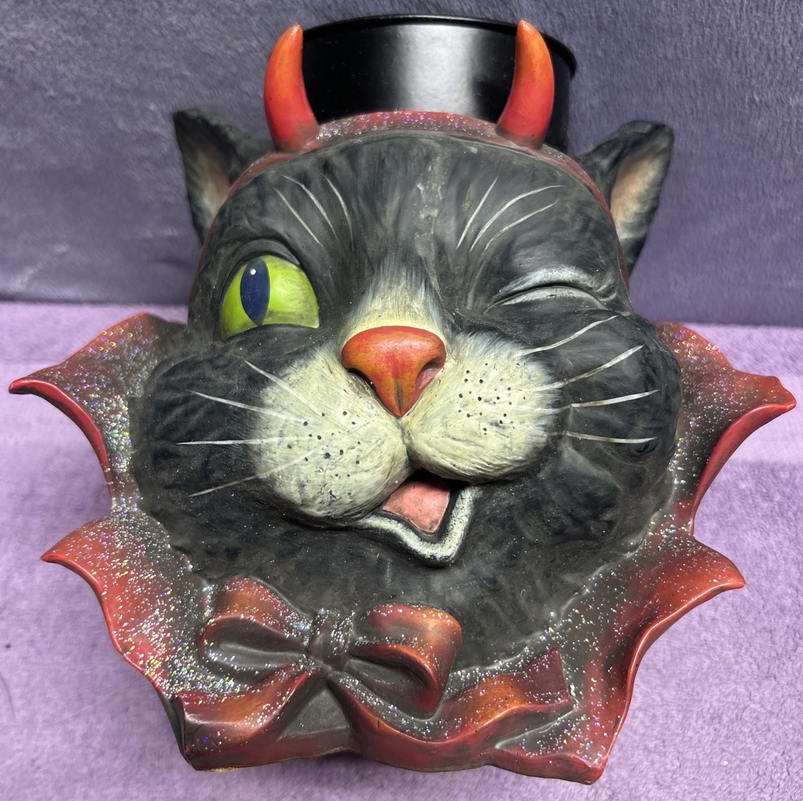 VTG Halloween Winking Black Cat w/ Devil Horns Candle Holder Centerpiece VTG Halloween Winking Black Cat w/ Devil Horns Candle Holder Centerpiece